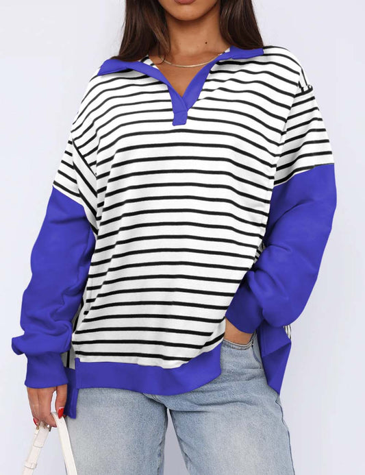 Minimalist Lapel Collar Striped Color Block Top