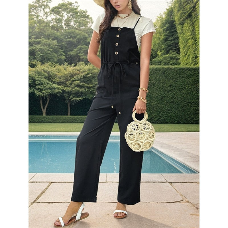 Black Lace-Up Waist Button Suspender Jumpsuit