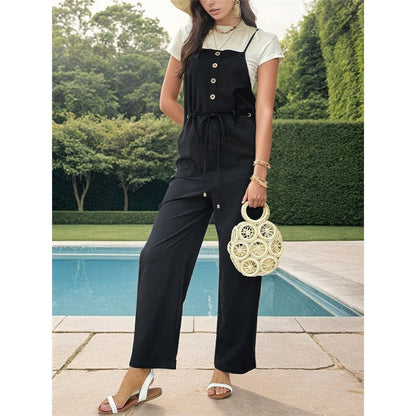 Black Lace-Up Waist Button Suspender Jumpsuit