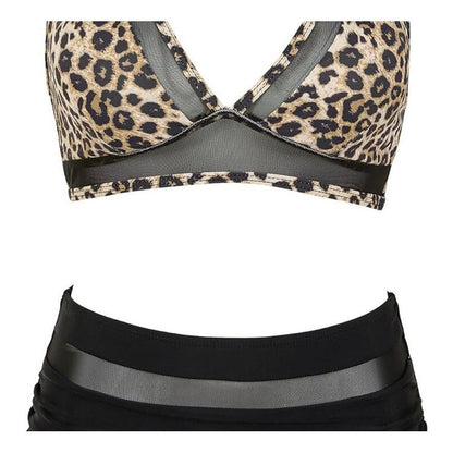 Split High Waist Mesh Leopard Print Swimsuit