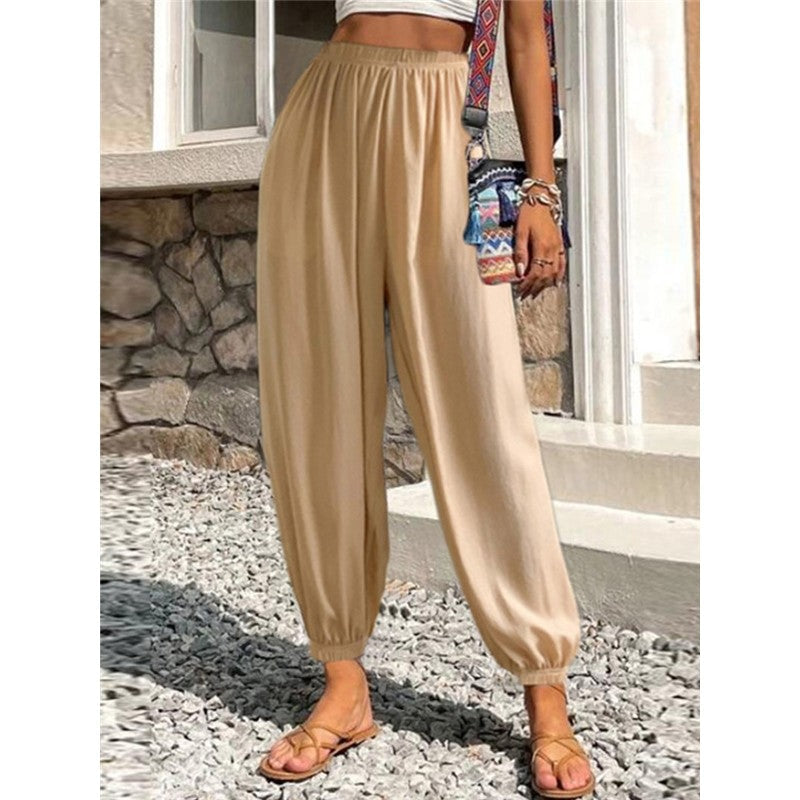 Elastic Waist Solid Color Baggy Pants