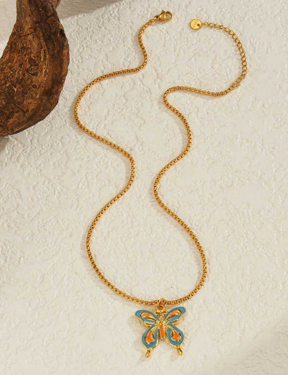 Colorful Enamel Butterfly Pendant Necklace