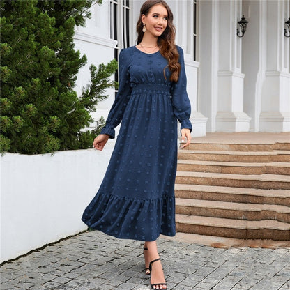 Ladies V Neck Long Sleeve Dress Jacquard Waist Neck Dress