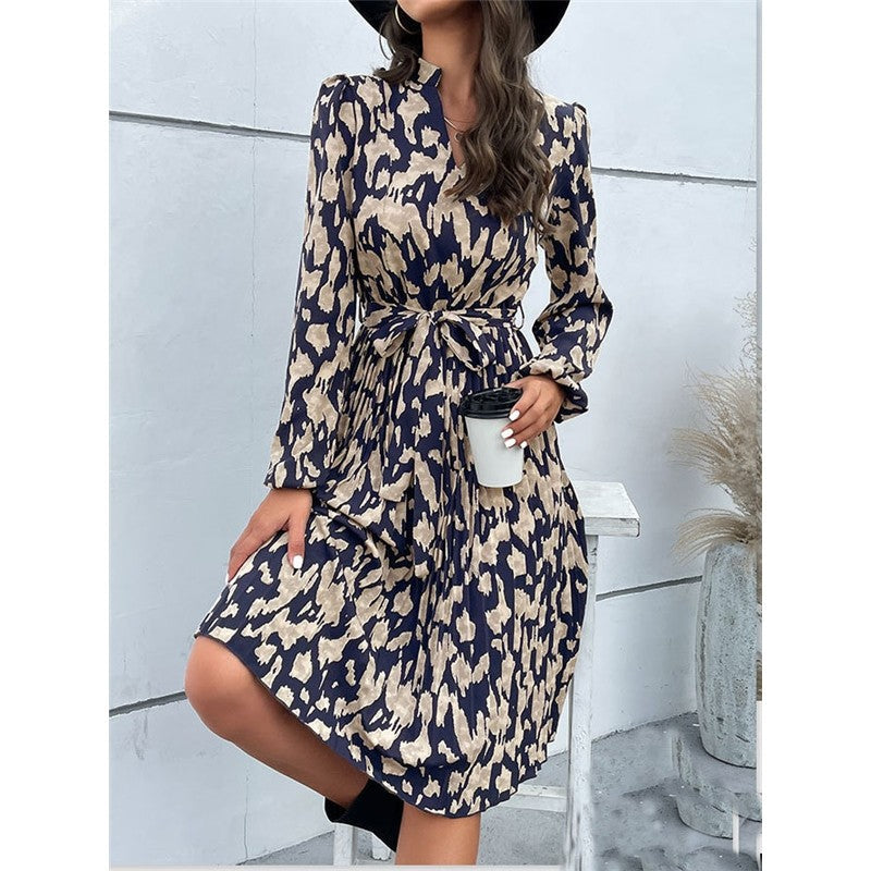 Pleated Printed Belted V-Neck Long-Sleeved Dress