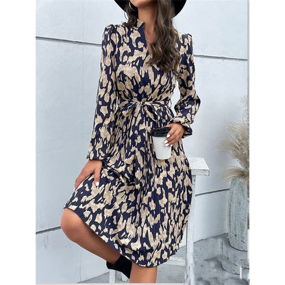 Pleated Printed Belted V-Neck Long-Sleeved Dress