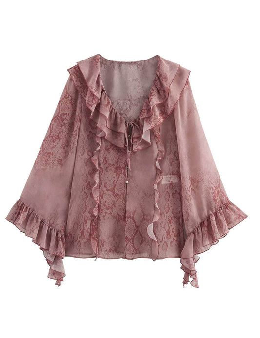 Elegant V-Neck Printed Layered Ruffle Top