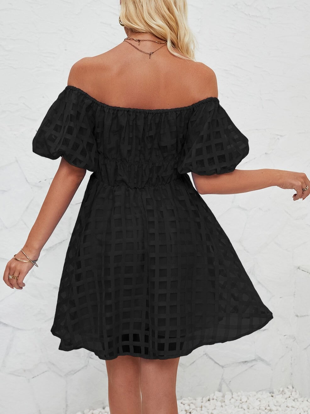 Off Shoulder Puff Sleeves Pleated Mini Dress