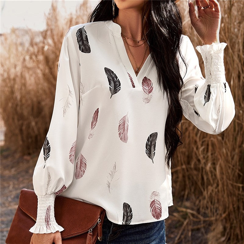 Long Sleeves V-Neck Printing Casual Loose Pullover Blouse Top
