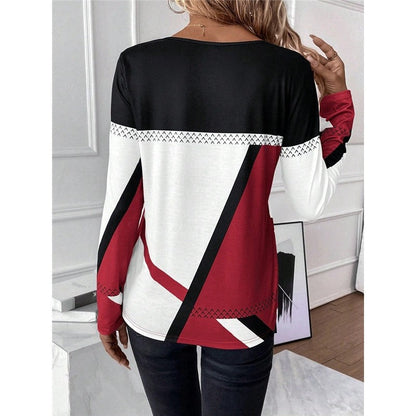 Round Neck Contrast Patchwork Geometric Print T-Shirt