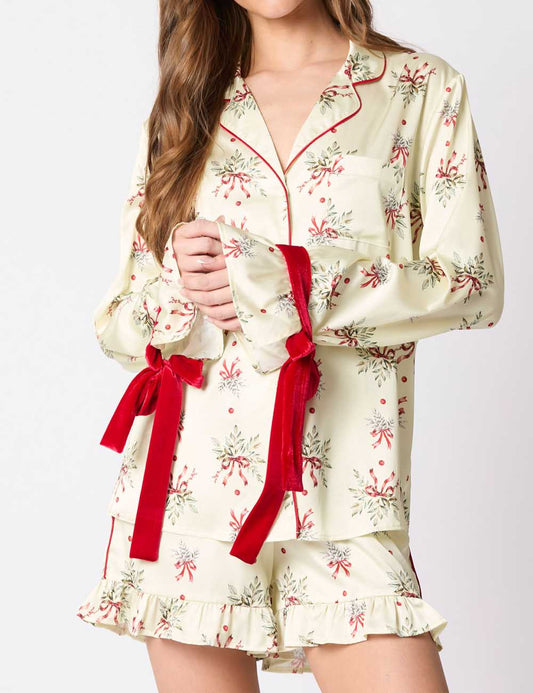Cute Tree Print Satin Ruffled Pajamas Set