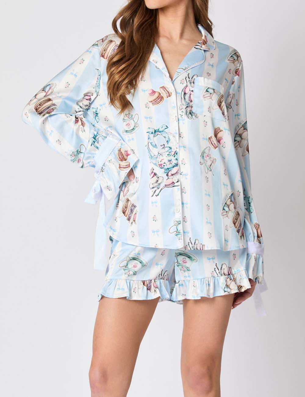 2 Pcs Cute Flower Print Satin Ruffled Pajamas Set