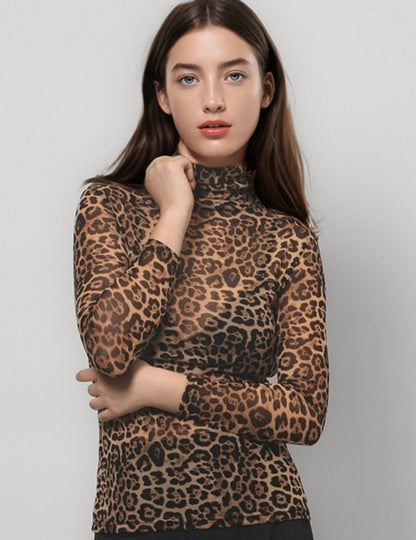 Leopard Print HIgh Collar Slim Fit Sexy Mesh Top