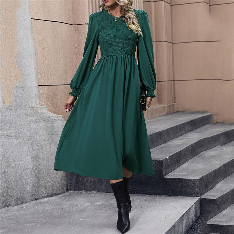 Solid Color Lantern Sleeve Waist Long Dress