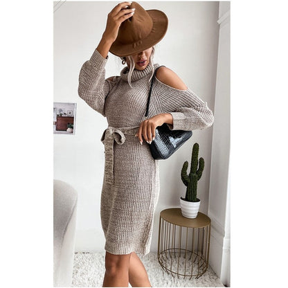Solid Color Lace-Up Cutout Off-Shoulder Turtleneck Sweater Dress