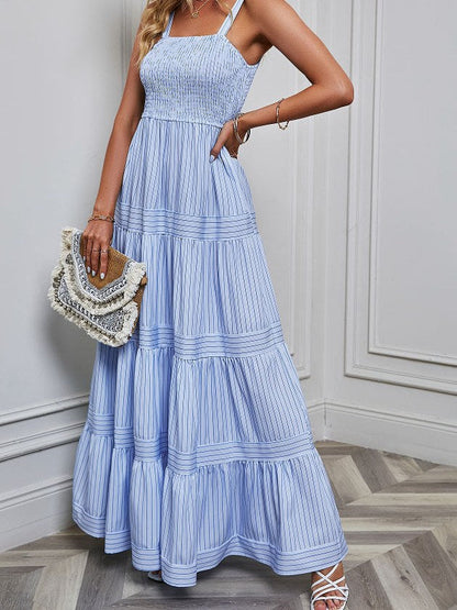 Solid Color Striped Spaghetti Long Dress