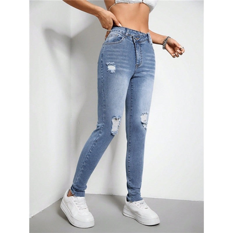 Stretch Ripped Diagonal Zippered High-Waist Slim Fit Skinny Jeans