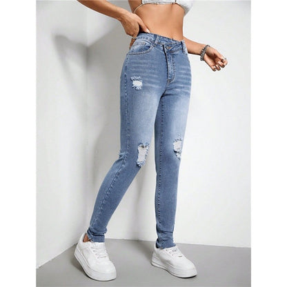 Stretch Ripped Diagonal Zippered High-Waist Slim Fit Skinny Jeans