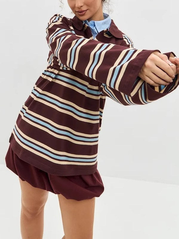 Vintage Striped Lapel Loose Pullover Tops
