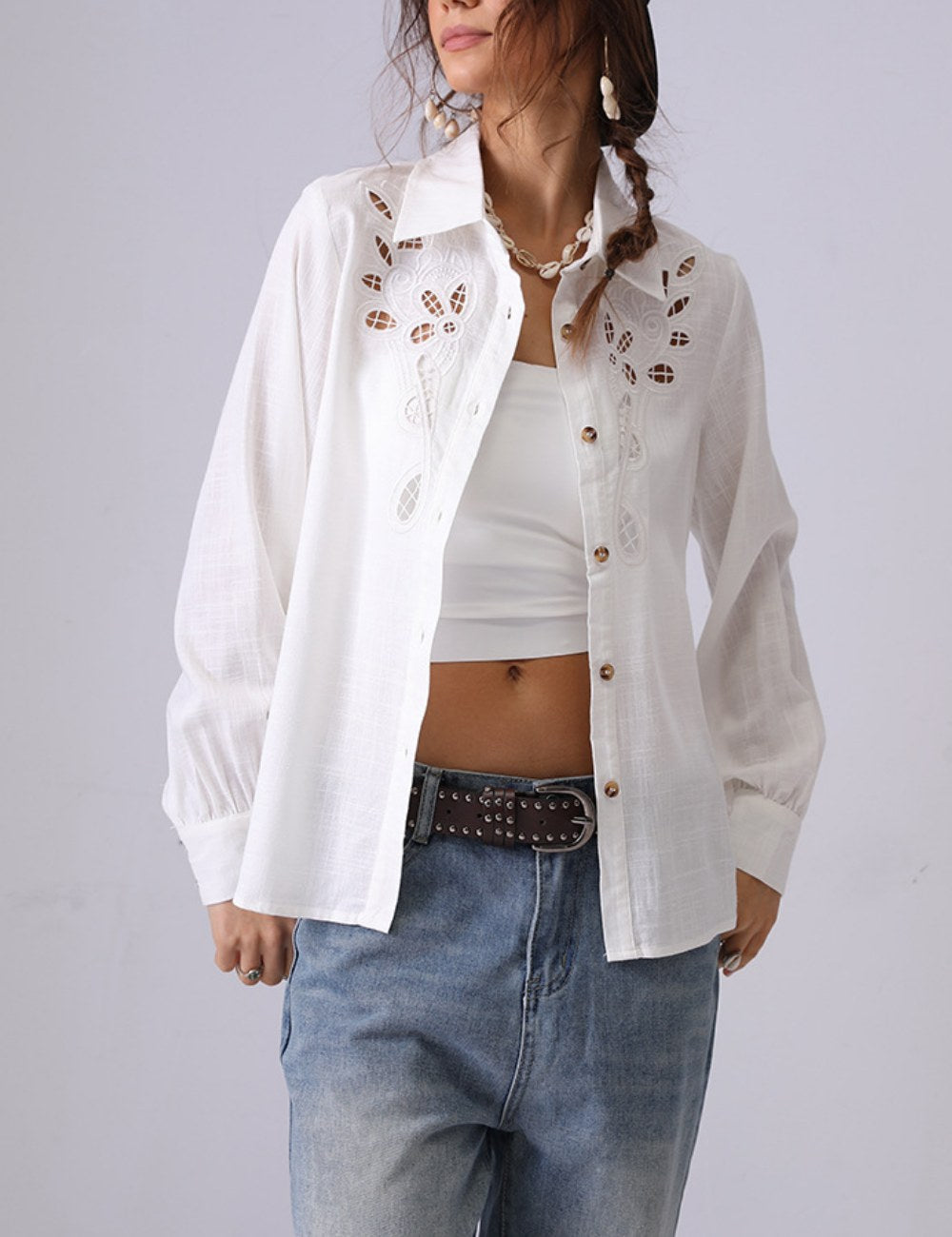 Hollow Embroidered Lapel Button Down Shirt