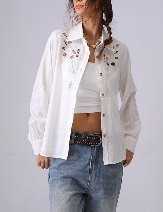 Hollow Embroidered Lapel Button Down Shirt