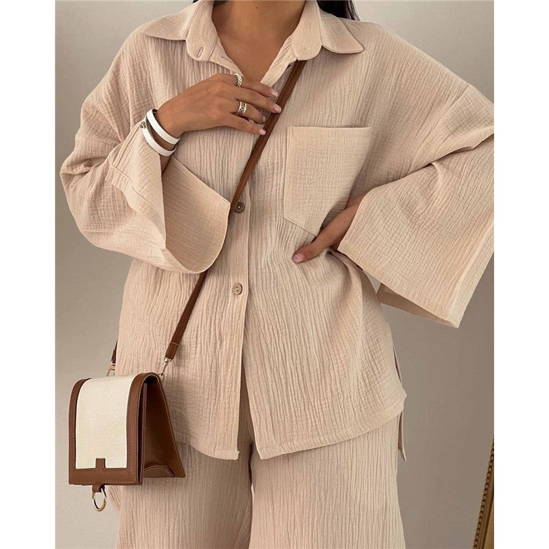 Solid Color Long Sleeve Lapel Blouse And Wide Leg Pants Two Pieces Suit