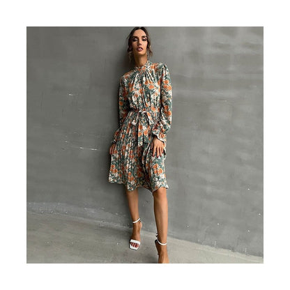 Printed Belted Half Turtleneck Dress With Petal Sleeves