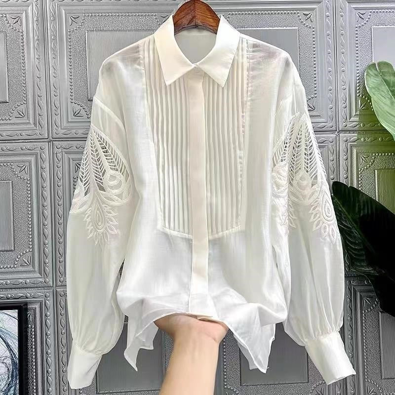 Solid Color Long Sleeves Lapel Embroidery Casual Loose Blouse