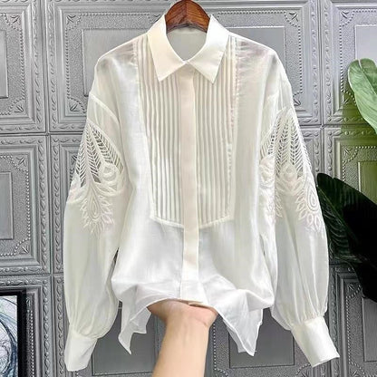 Solid Color Long Sleeves Lapel Embroidery Casual Loose Blouse