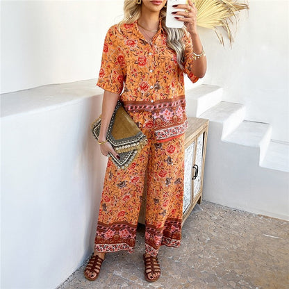 Floral Print Short Sleeve Cardigan And Pants Set