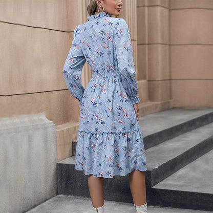 Long Sleeves V-Neck Floral Printed A-Line Dress