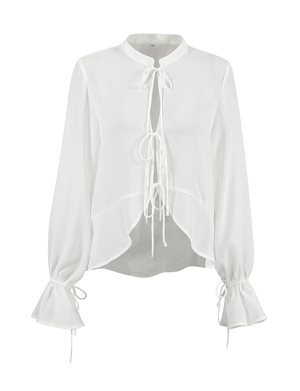 Elegant Solid Color Tie-Front Drawstring Chiffon Top
