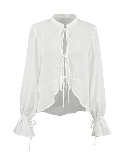 Elegant Solid Color Tie-Front Drawstring Chiffon Top