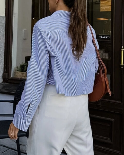 Striped Lapel Button Down Short Shirts