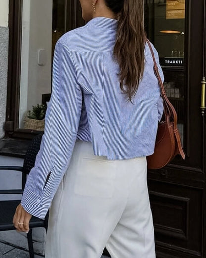 Striped Lapel Button Down Short Shirts