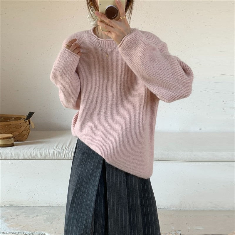 Rolled Edge Round Neck Pullover Sweater Women's Soft Loose Fit Knit Top