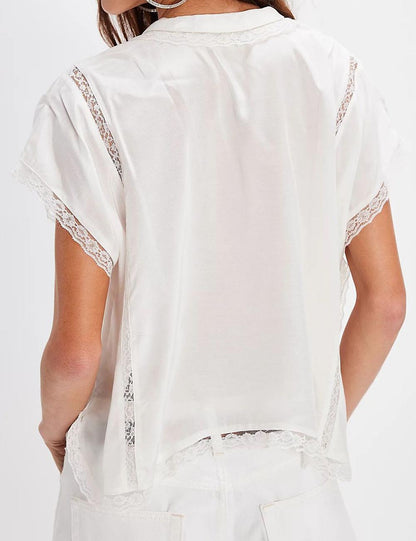 Trendy V-Neck Lace Trim Solid Color Top