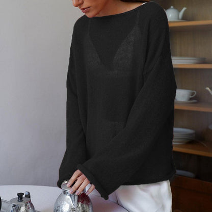 Solid Color See Through Flare Sleeves Knit Top