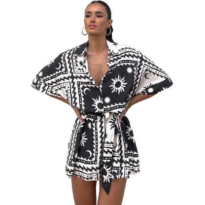 Geometric Print Romper With Waist Tie