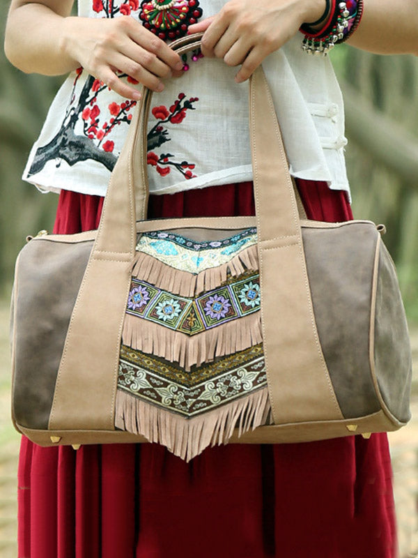 Khaki Tassels Emboridered Tote Bag