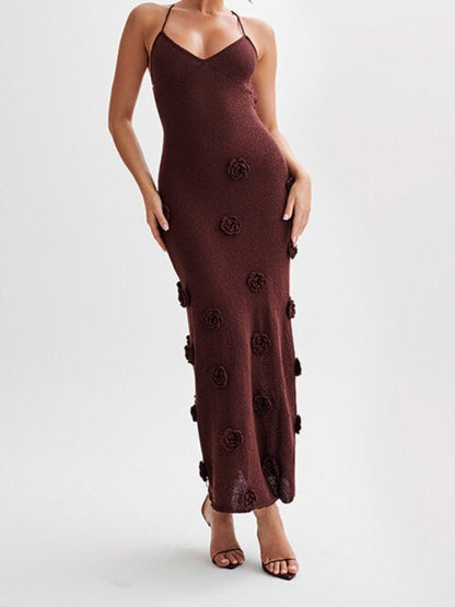 Halter 3D Floral Knit Backless Maxi Dress