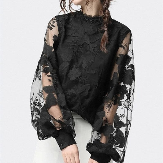 Puffed Sleeves Transparent Round Neck Solid Color Blouse