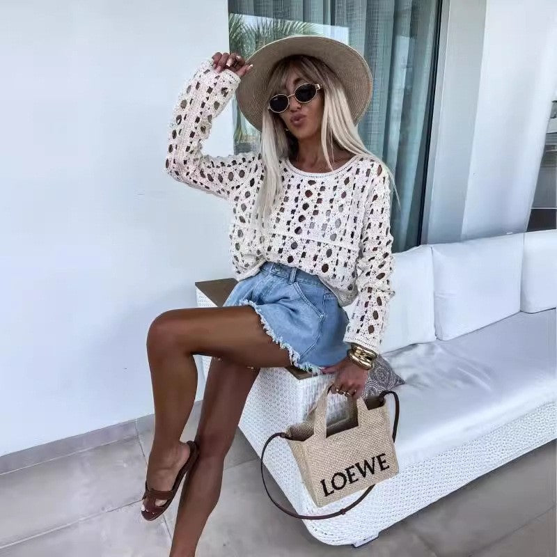 Solid Color Knit Long Sleeve Skeleton Top