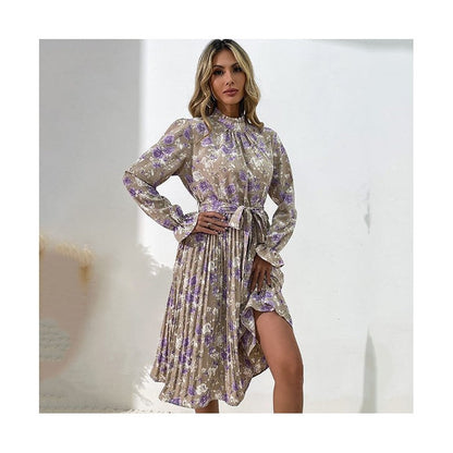 Printed Belted Half Turtleneck Dress With Petal Sleeves