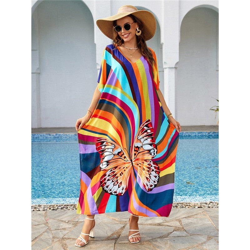 Contrast Color Butterfly Printing V-Neck Short Sleeve Long Beach Dress Bikini Cover-Up
