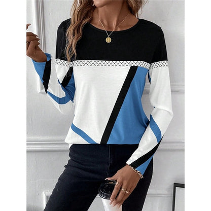 Round Neck Contrast Patchwork Geometric Print T-Shirt