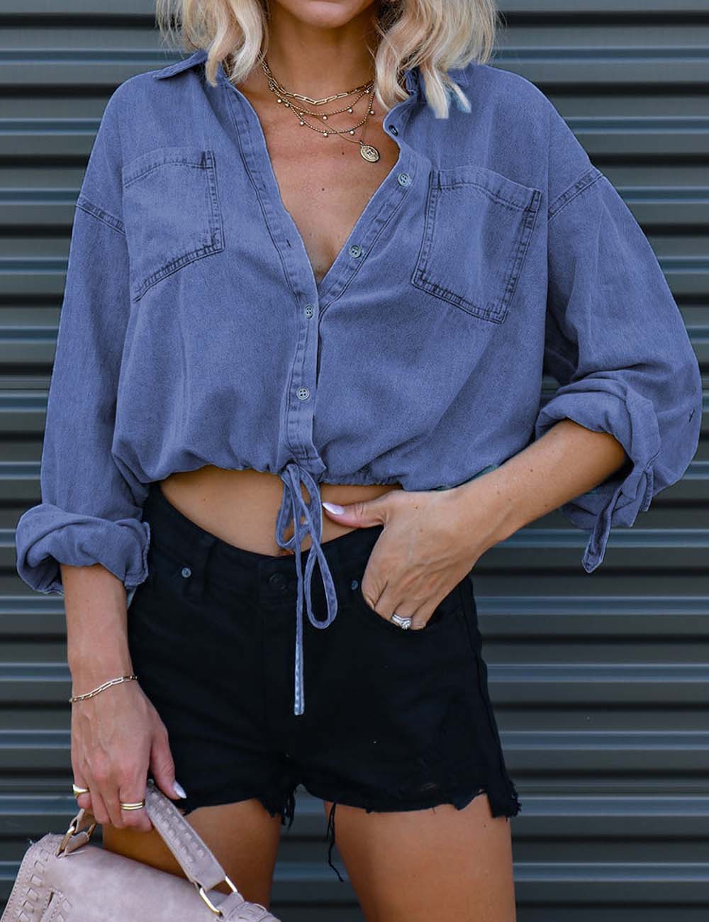 Trendy Polo Collar Long Sleeve Drawstring Shirt