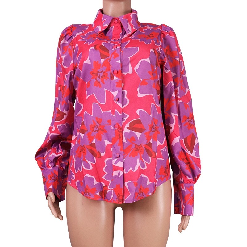 Thin Puff Sleeves Lapel Print Blouse