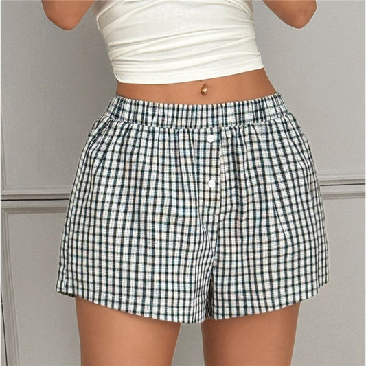 Elastic Waist Plaid Shorts