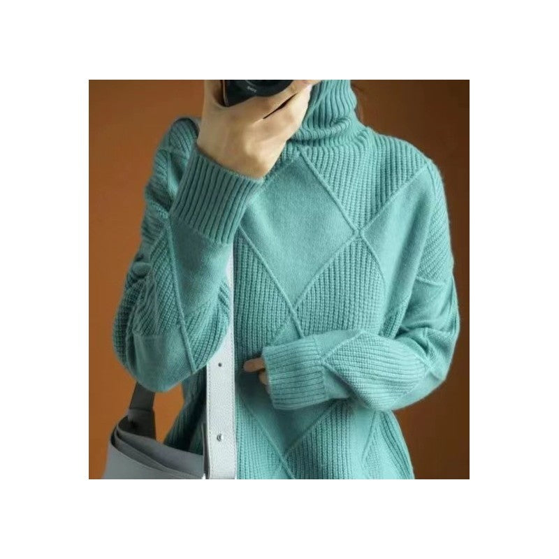 Fashion High Neck Diamond Texture Solid Color Pullover