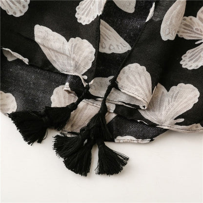 Black Butterfly Print Cotton Linen Scarf
